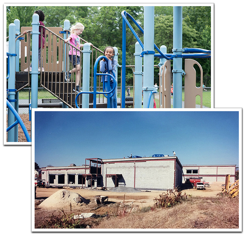 Composite of two photographs showing the playground space at Lane Elementary School. At top is a photograph of the playground from June 2018. Children are climbing on the structure. Below is an exterior of Lane Elementary School during construction taken on November 4, 1994. The photograph was taken on the future spot of the playground. In the distance, the school’s cinderblock walls and roof are in place, but the exterior brick work has yet to begin. The steel framing for an entrance is in place.  