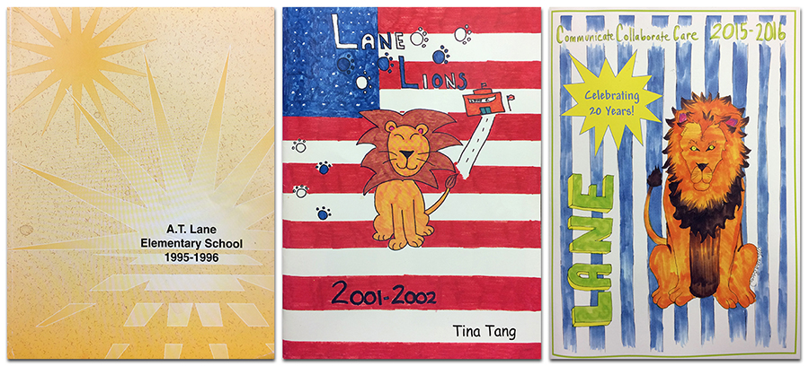 Photographs of the covers of three Lane Elementary School yearbooks. On the left is the cover of our very first yearbook from 1995 to 1996. It is a simple gold and white illustration with star shapes set against a gold to white gradient background. In the center is a photograph of the cover of our 2001 to 2002 yearbook. It is a student-drawn illustration of a smiling lion set against the background of an American flag. There is a small drawing of the school behind the lion, and the lion is surrounded by white and blue paw prints. The words Lane Lions are lettered in blue and white at the top. The 2015 to 2016 cover is on the far right of the collage. It is also a student-drawn illustration of a lion, set against a blue and white vertical-striped background. The words Communicate, Collaborate, Care, are at the top in green text. The words Celebrating 20 Years are in blue set inside a yellow star positioned above and to the left of the lion. The word Lane is written in all capital letters, colored yellow and green. 