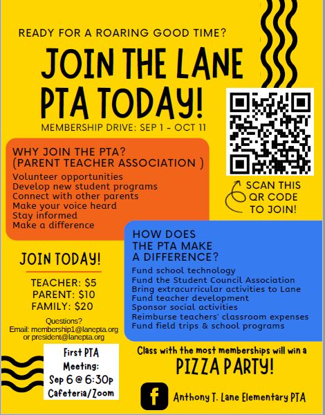 Lane PTA Membership Drive flyer