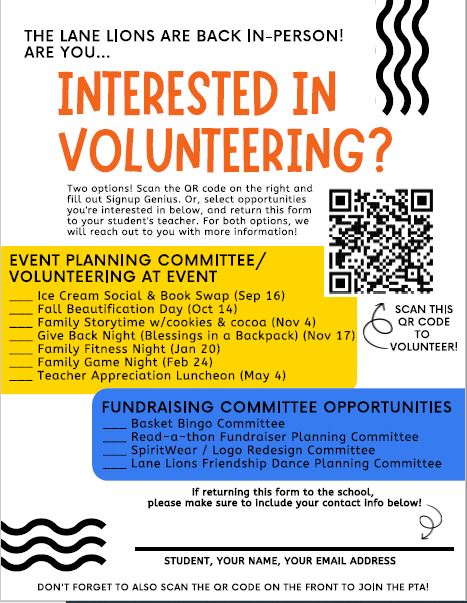 Lane PTA Volunteer information